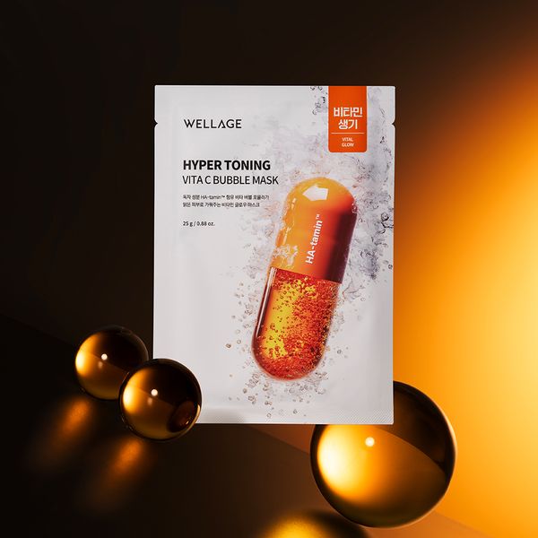 WELLAGE  Hyper Toning Vita C Bubble Mask 25gx5 sheets, masque bulle éclat et marque WELLAGE sur fond orange.
