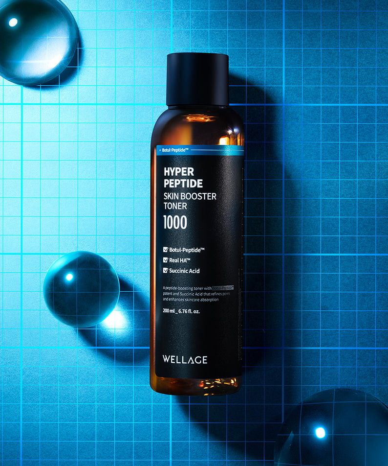 WELLAGE Hyper eptide Skin booster Toner 200ml, flacon noir WELLAGE sur fond bleu, sphères et bulles visuelles