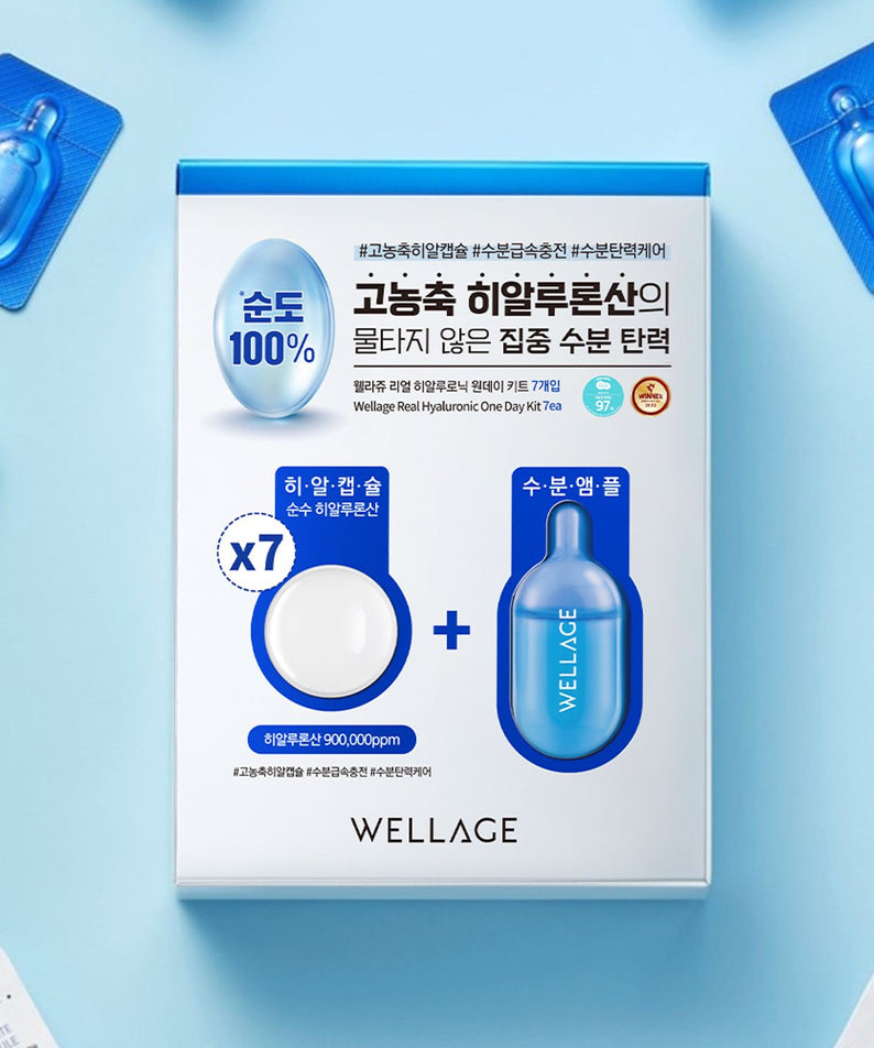 WELLAGE Real Hyaluronic One Day kit de WELLAGE, boîte et sérum sur fond bleu, pack cosmétique skincare.