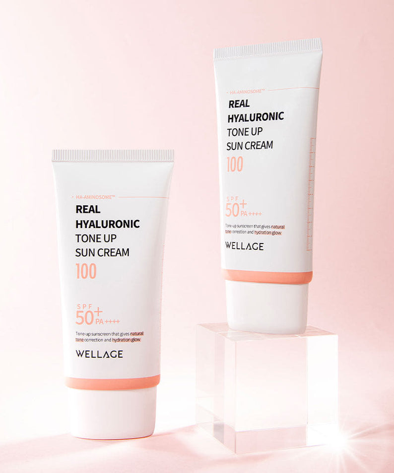 WELLAGE  Real Hyaluronic Tone-Up Sunscreen 50ml, tubes sur fond clair, crème solaire tonifiante anti-âge.