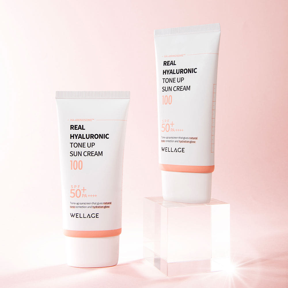 WELLAGE  Real Hyaluronic Tone-Up Sunscreen 50ml, tubes sur fond clair, crème solaire tonifiante anti-âge.