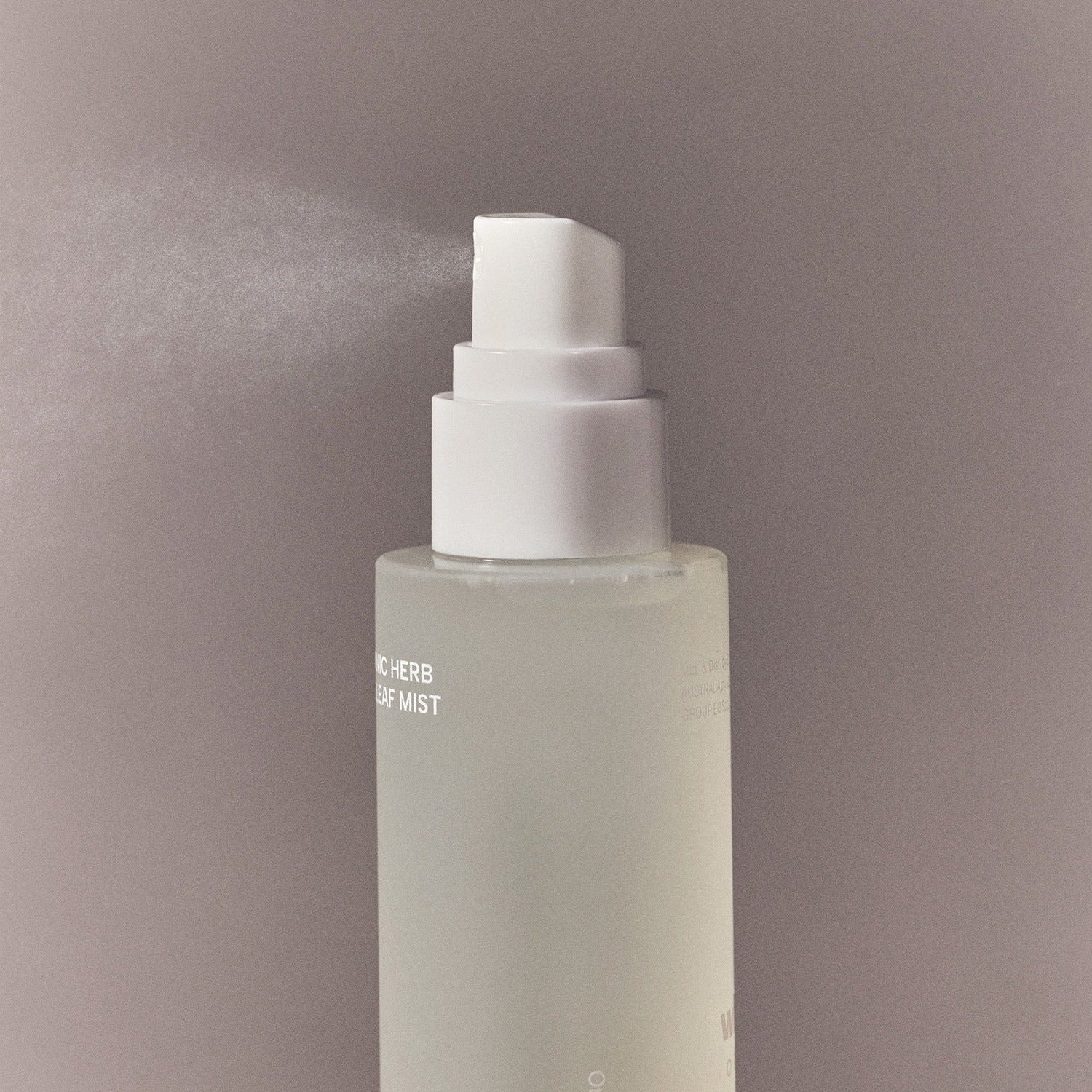 WHAMISA Organic Herb Fermented Olive Leaf Mist 100ml, flacon blanc sur fond gris, marque WHAMISA en vue produit.