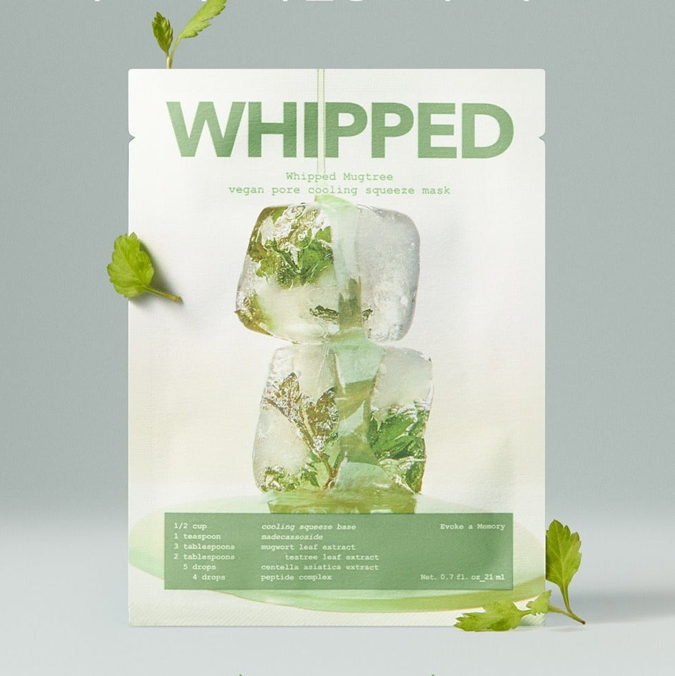 WHIPPED Mugtree Vegan Pore Cooling Squeeze Mask 1ea : packaging vert avec plantes, masque appliqué, visuel produit sur fond clair.