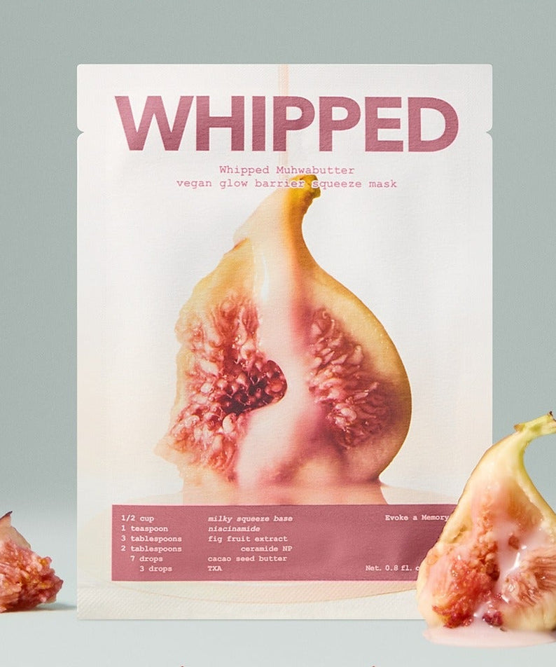 WHIPPED Butter Vegan Glow Barrier Squeeze Mask 1ea, masque hydratant végan avec figue en arrière-plan, soin du visage naturel