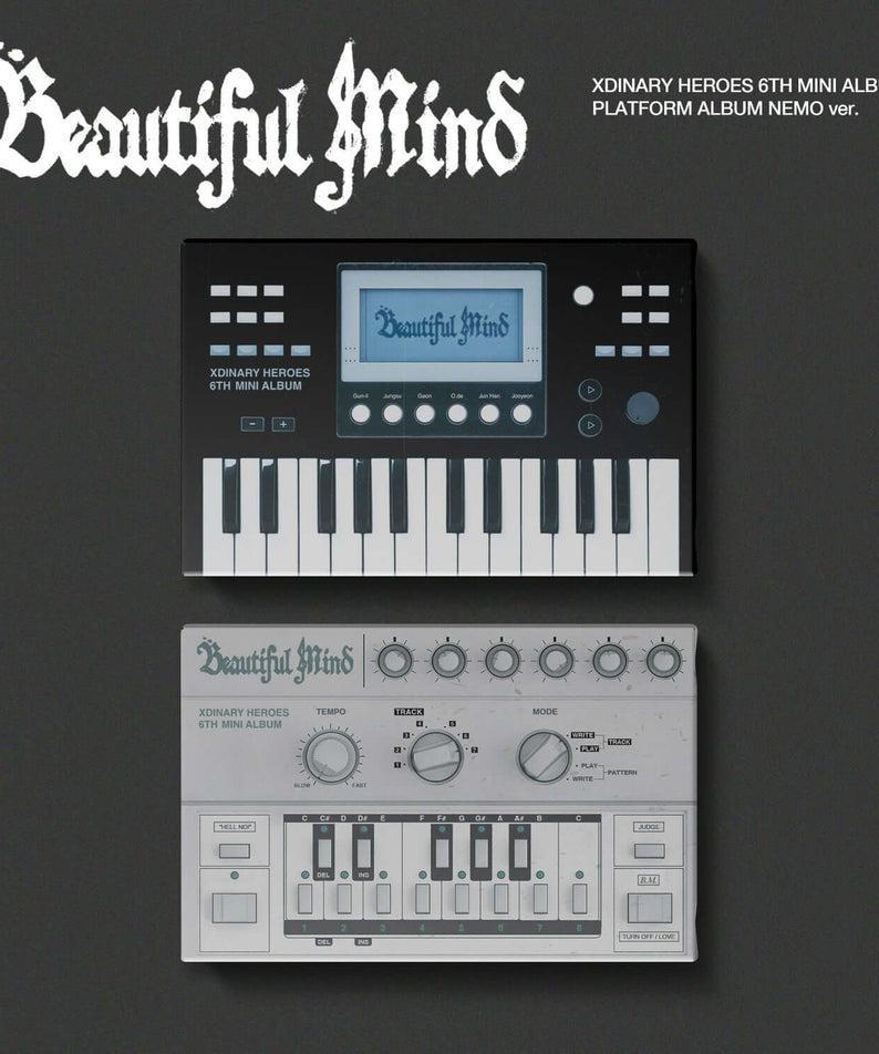 XDINARY HEROES - 6th Album [Beautiful Mind] - Album Kpop, visuel pochette noire avec synthé rétro, texte “Beautiful Mind”