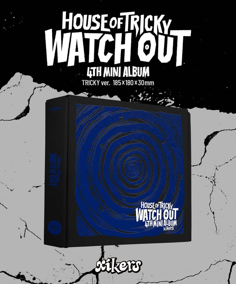 XIKERS - 4TH MINI ALBUM [HOUSE OF TRICKY : WATCH OUT] (TRICKY ver.) - Album Kpop, visuel noir et bleu, boîte et artwork.
