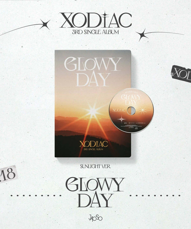 XODIAC - [GLOWY DAY] (SUNLIGHT Ver.) - Album Kpop, pochette avec soleil et disque lumineux sur fond blanc