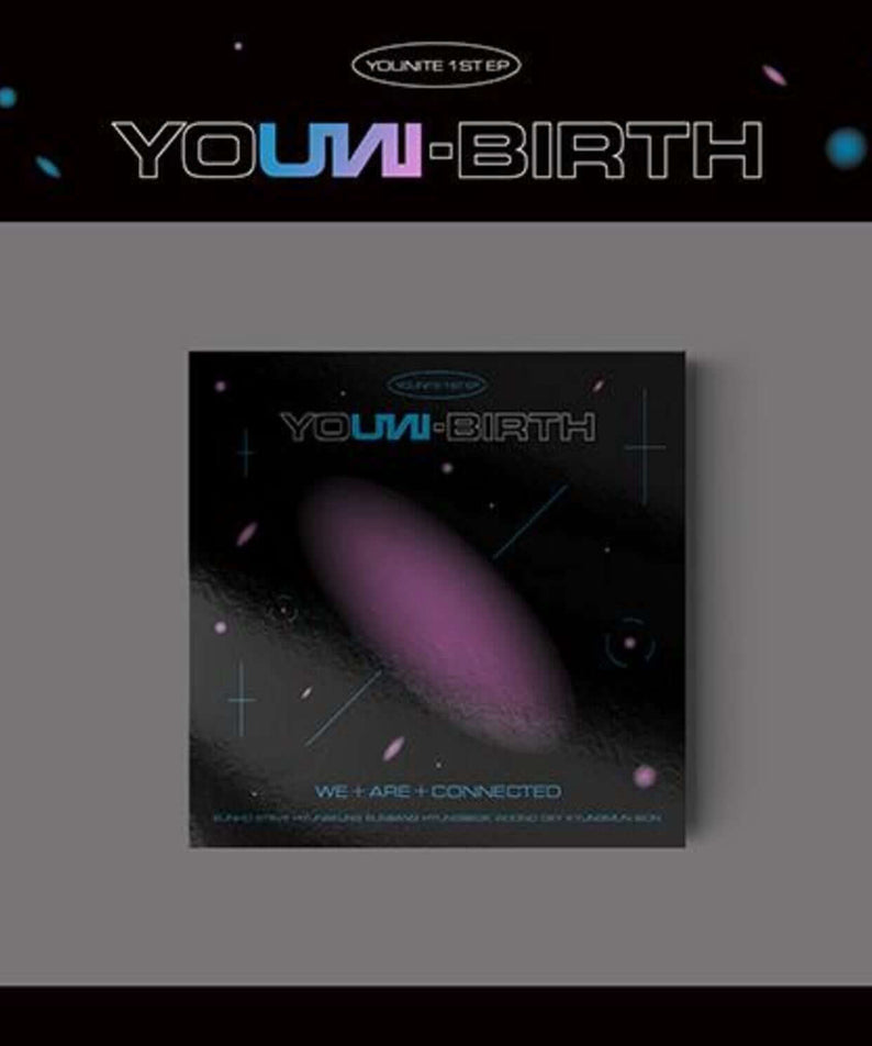 YOUNITE - 1ST EP [YOUNI-BIRTH] (AURORA Ver.) - Album Kpop : pochette YOUNI-BIRTH sur fond sombre violet et bleu