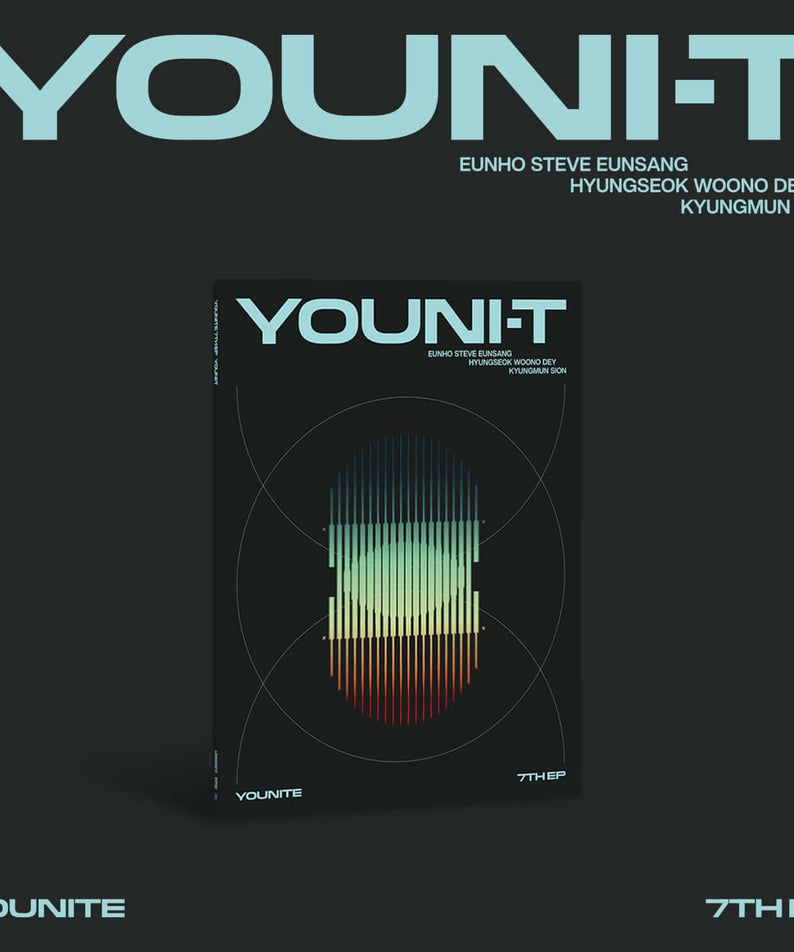 YOUNITE - 7th Album [YOUNI-T] (Utopia Ver.) - Album Kpop : pochette YOUNITE sur fond noir, design futuriste et couleurs teal.
