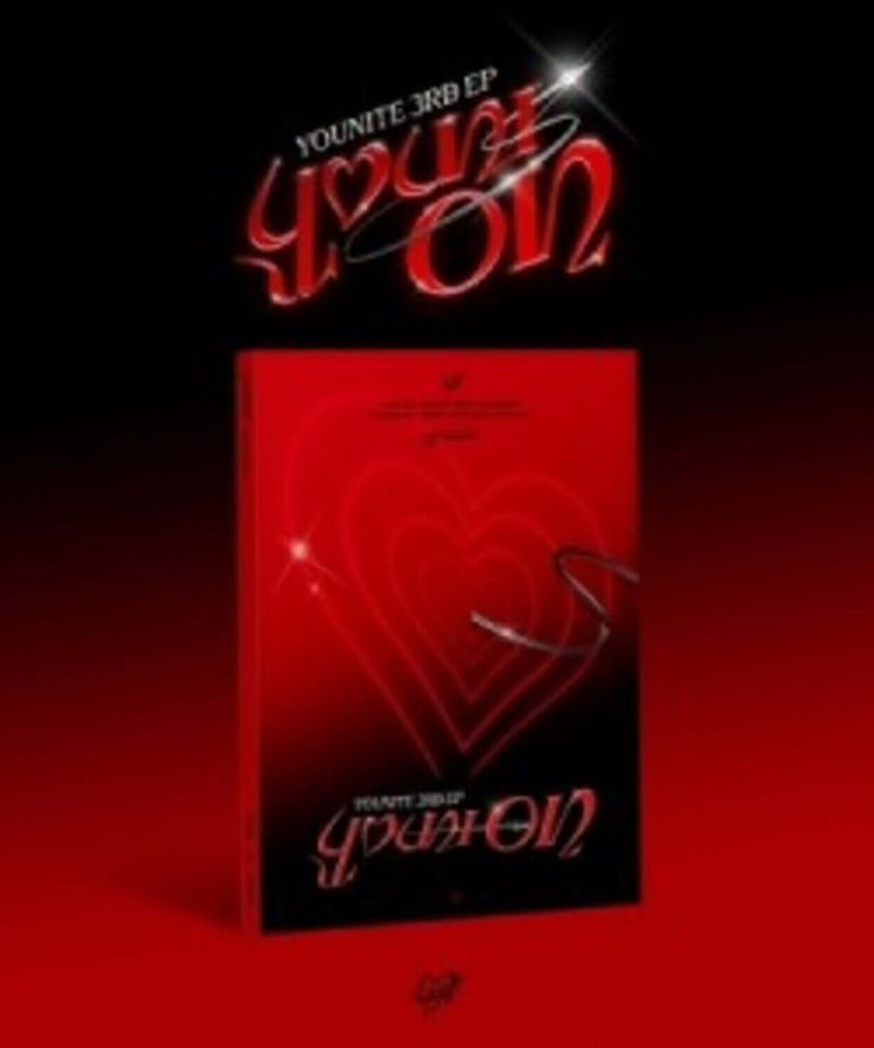 YOUNITE - YOUNITE 3RD EP [YOUNI-ON] (PHOTOBOOK VER.) (RED ON VER.) - Album Kpop, pochette rouge style neon, fond sombre.