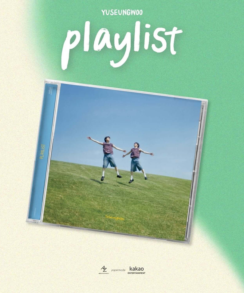 YU SEUNGWOO - EP [playlist] (Jewel Ver.) - Album Kpop, jaquette sur fond vert, photo duo sur prairie, concept playlist.