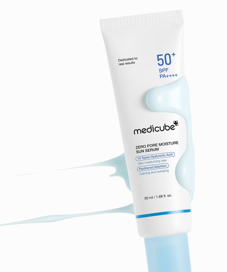 MEDICUBE Zero Pore Moisture Sun Serum 50ml avec SPF 50+ PA++++ offrant une hydratation et protection contre le soleil, tube de 50ml.