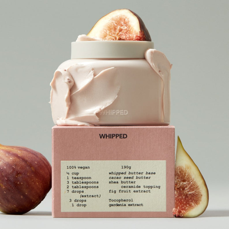 Ma Petite Corée WHIPPED Vegan Topping Body Butter 190g with fig extract, shown with pink packaging and fig slices.