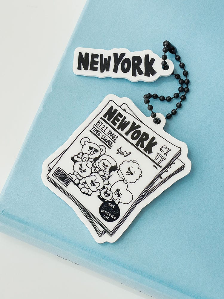 BT21 ACRYLIC KEYRING NEW YORK CITY EDITION, porte-clés acrylique officiel BT21/LINE FRIENDS, fond bleu, NYC et chaîne