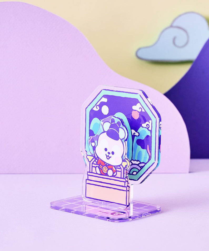 BT21 MANG BABY ACRYLIC STAND K-EDITION ver.2 : support acrylique officiel LINE FRIENDS, design poney MANG, décor violet.