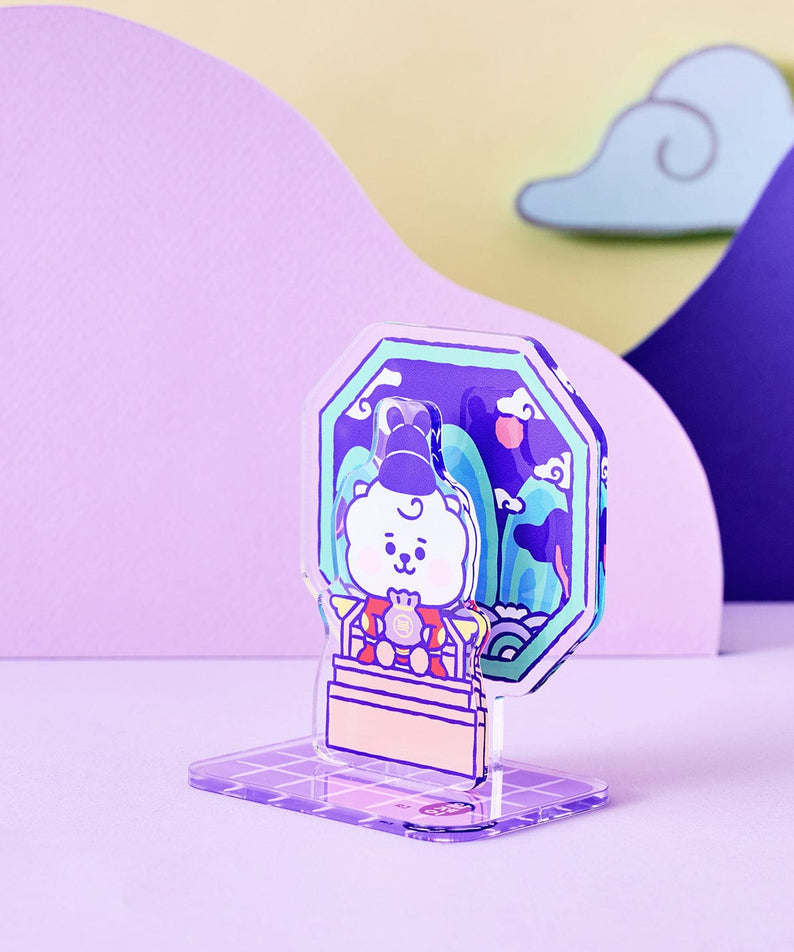 BT21 RJ BABY ACRYLIC STAND K-EDITION ver.2 : petit support acrylique officiel LINE FRIENDS, RJ sur bureau, design violet.