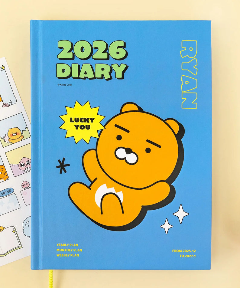 KAKAO FRIENDS Planner 2026 en bleu avec Ryan, personnages mignons et stickers inclus pour organisation quotidienne en 2026.