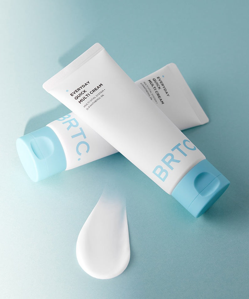 BRTC Everyday Quick Multi Cream 60ml sur fond bleu avec texture de crème visible, idéal pour soins quotidiens.
