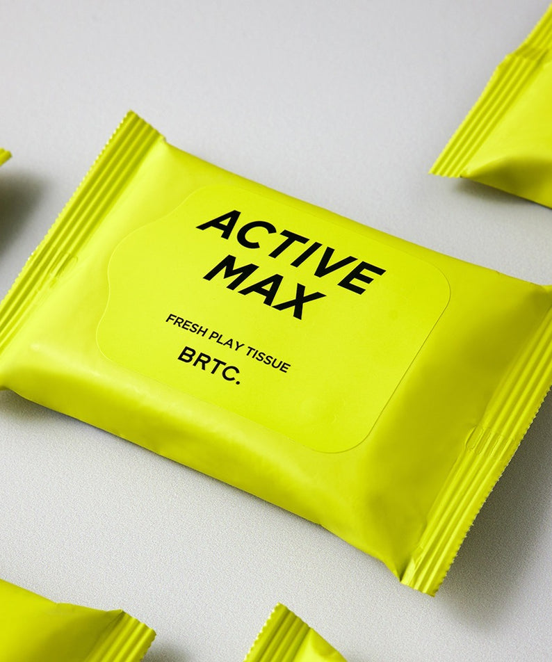 Emballage du produit BRTC Homme Active Max Fresh Play Tissue 15 Sheets, paquet jaune vif.
