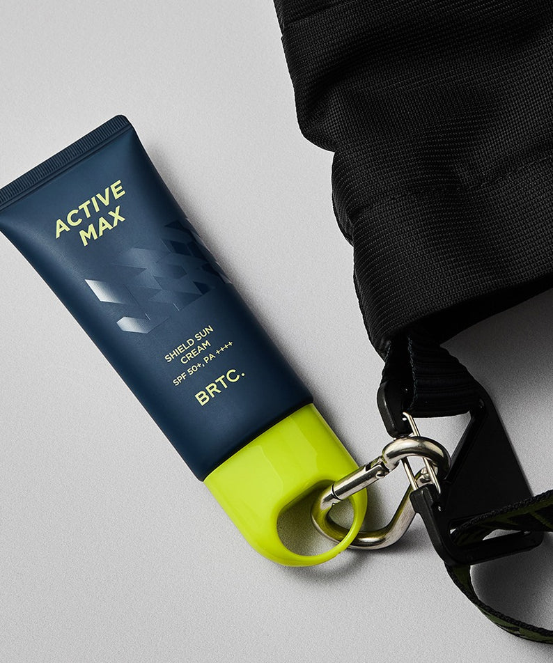 BRTC Homme Active Max Sheild Sunscreen 50ml avec sac noir, protection solaire efficace pour homme.