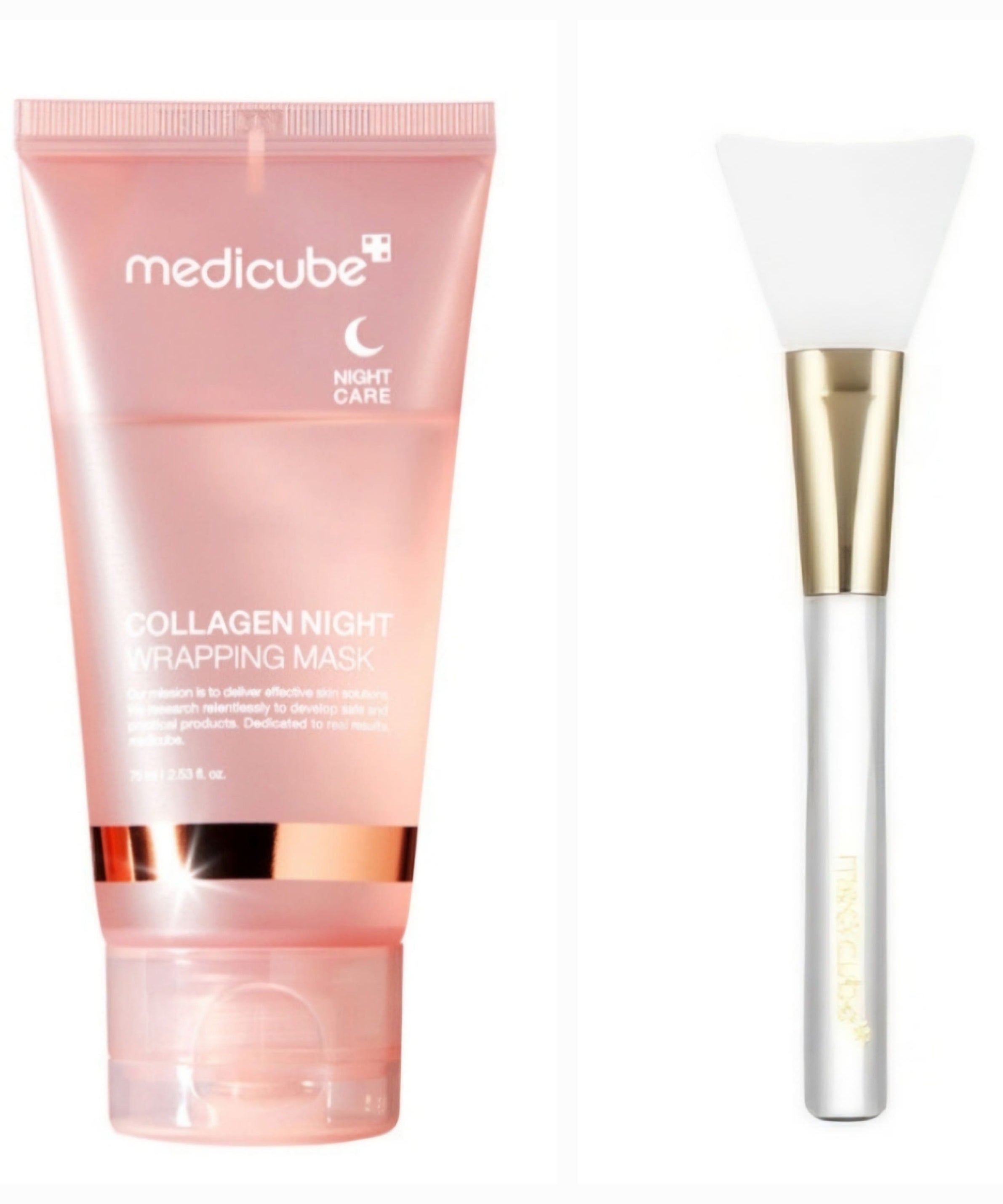 Photo du MEDICUBE Collagen Night Wrapping Mask 75ml avec applicateur en silicone doré pour soins de nuit intensifs.