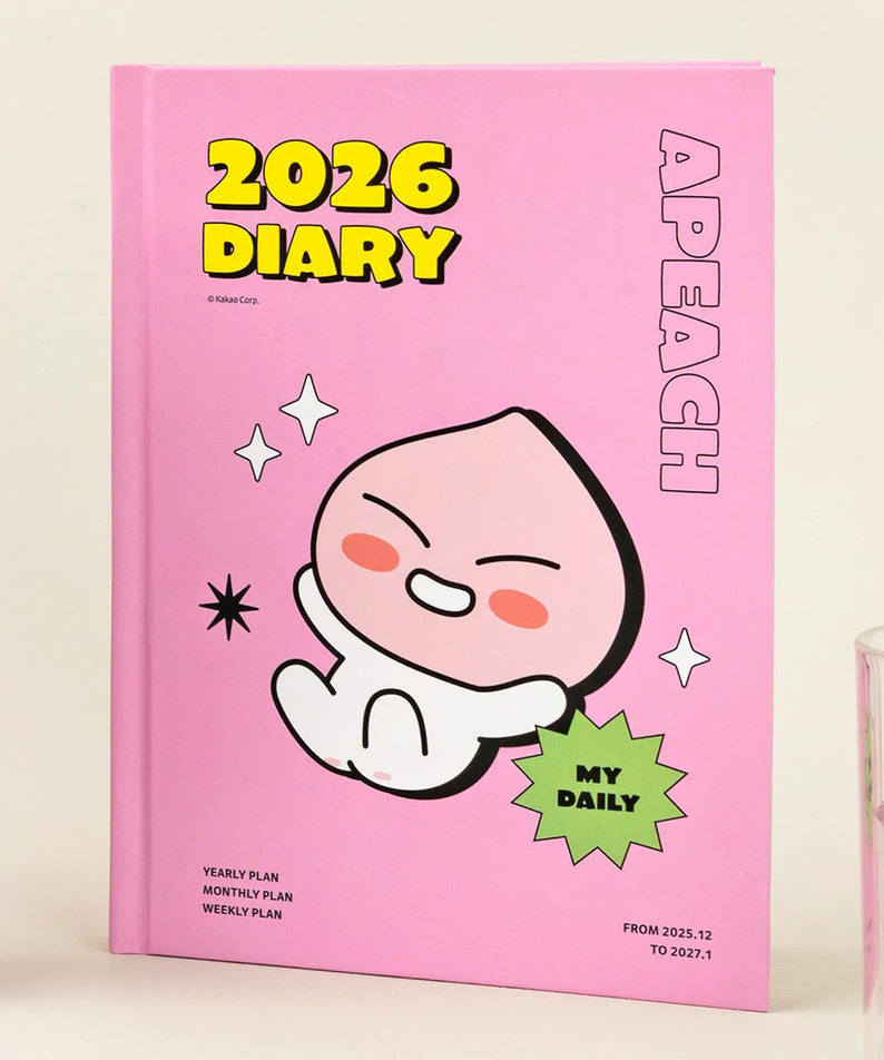 Carnet rose "2026 Diary" avec Apach de KAKAO FRIENDS Planner 2026, design amusant et coloré pour une organisation optimale.