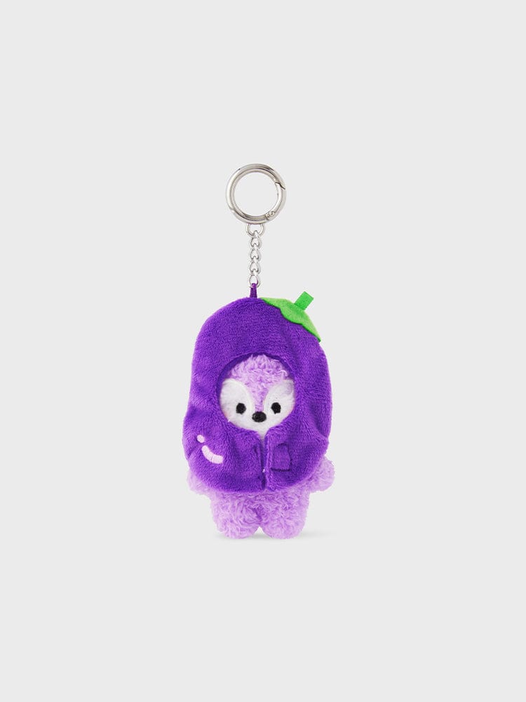 BT21 MANG mini minini VEGGIE DOLL KEYRING, porte-clés officiel en peluche violette avec brin de couleur verte, fond clair