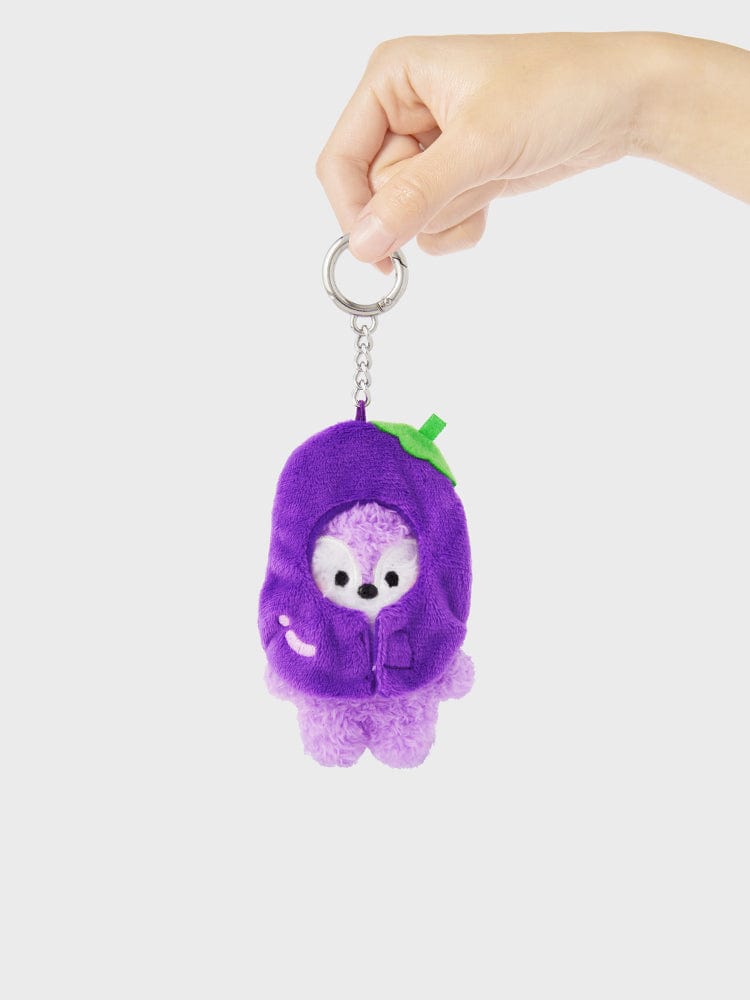 BT21 MANG mini minini VEGGIE DOLL KEYRING porte-clés, figurine peluche violet et main tenant l’anneau, fond clair