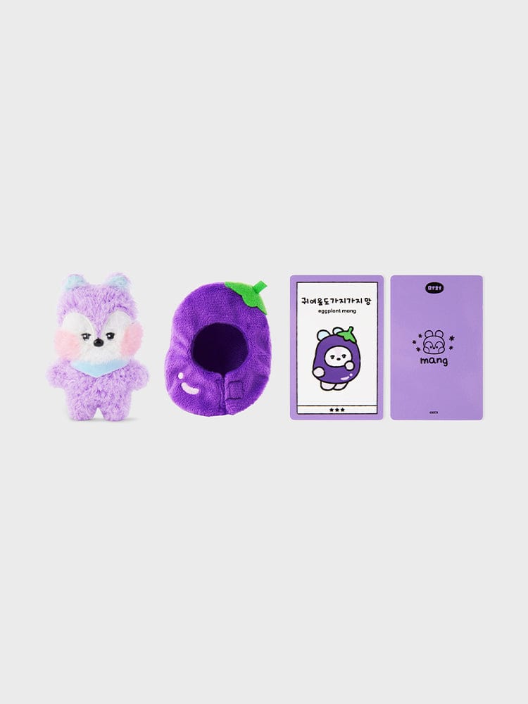 BT21 MANG mini minini VEGGIE DOLL : peluche poney masqué violet avec accessoires, marque BT21, fond clair studio