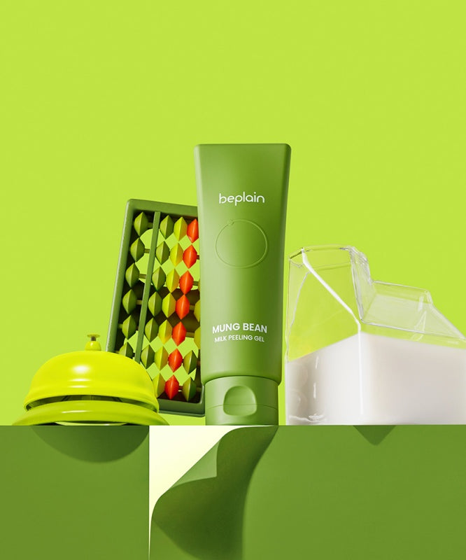 BEPLAIN Mung Bean Milk Peeling Gel 120ml de la marque beplain, sur fond vert, avec packaging et flacons en contexte visuel.