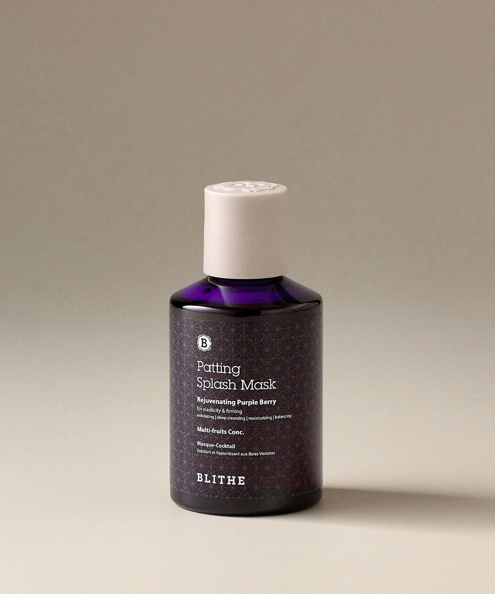 BLITHE Patting Splash Mask Rejuvenating Purple Berry 70ml/150ml : flacon violet sur fond clair, masque splash anti-âge.