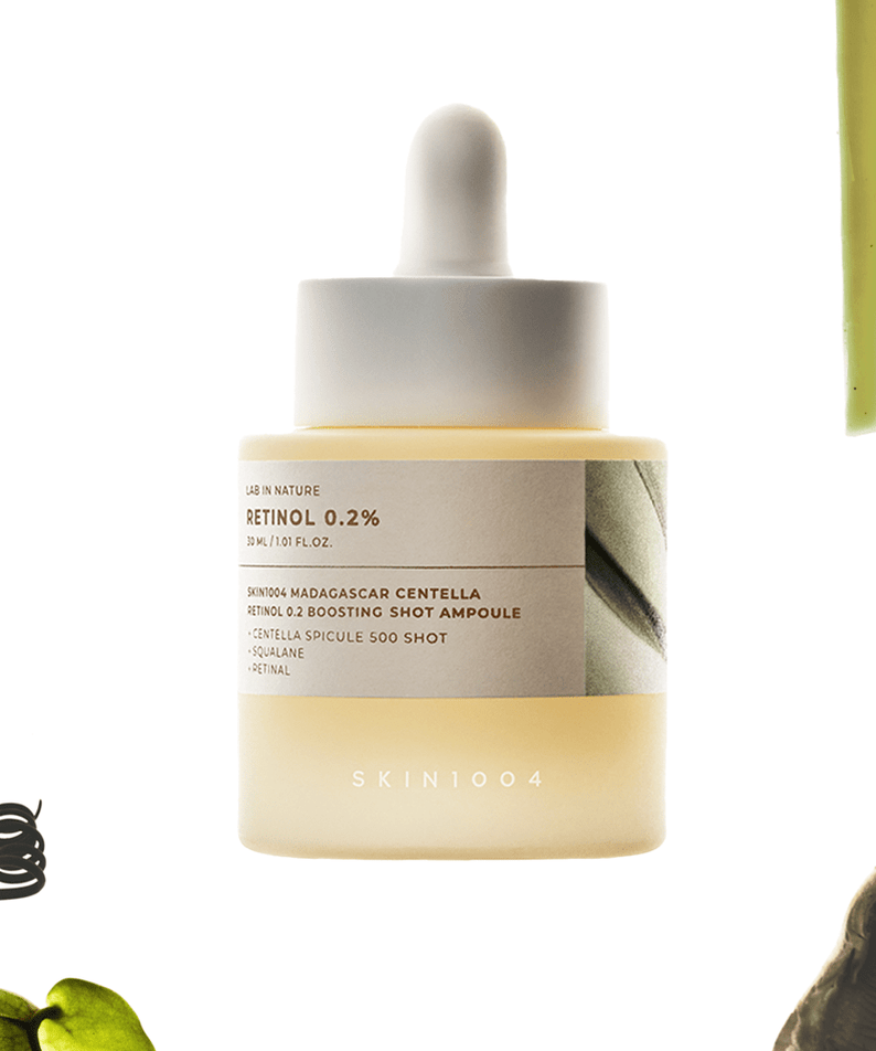 Flacon de 30ml de SKIN1004 Madagascar Centella Retinol 0.2 Boosting Shot Ampoule en gros plan.